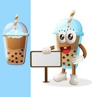 Cute Bubble Tea mascot standing next to a billboard vector