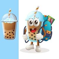 Cute Bubble Tea mascot carrying a schoolbag, backpack, back to school vector