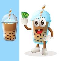 Cute Bubble Tea mascot holding money vector