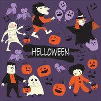 Children in spooky outfits cartoon characters. vector