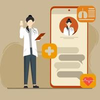 concepto de consultoría de salud. consulta médica por teléfono. los pacientes acuden a la clínica virtual a través de la aplicación. tecnología en el campo de la medicina moderna en los teléfonos inteligentes. vector