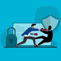 the concept of protecting data. data leak. Cybersecurity digital file protection. man protects data by punching thief who wants to access digital files vector