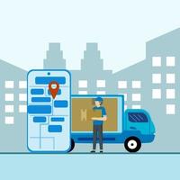 Mensajeros de entrega de paquetes y entrega de camiones. concepto de mapa en línea, seguimiento, servicio. ilustración vectorial vector