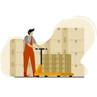 Storage, sorting and shipping. Storage equipment. Loaders move pallets with boxes in piles using hand pallet trucks. Vector illustration.