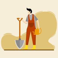 Farmer character standing holding shovel and watering pot. Agricultural work. smart farming concept horizontal flat portrait landscape background vector