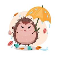 Hedgehog with umbrella. Autumn cartoon illustration with a hedgehog holding an umbrella and enjoying the rain. Vector flat illustration.