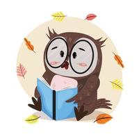 Owl with eyeglasses reading a book in nature. Autumn illustration with an owl. School education, reading, study, knowledge concept illustration. Isolated vector illustration.