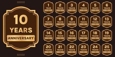 golden anniversary badge set 1 year to 25 years anniversary label vector