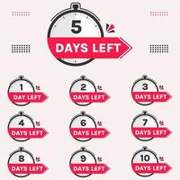 Countdown number of days left with clock 1, 2, 3, 4, 5, 6, 7, 8, 9, days left label vector