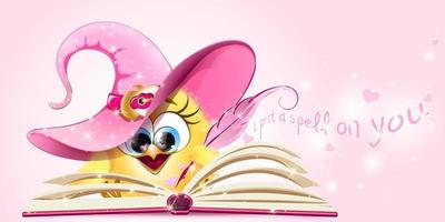 lindo pollito de dibujos animados con sombrero de bruja rosa escribe un hechizo de amor en un libro de magia rosa vector