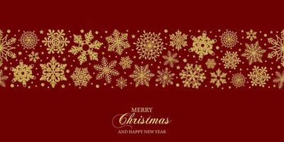 christmas greeting card with gold snowflakes. seamless border with snowflakes vector