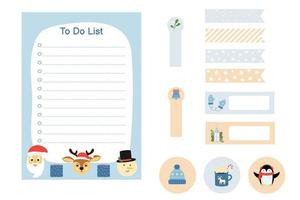 Winter planner stickers set and To Do list. Hand drawn cute seasonal elements. Template for notebook and stationery vector