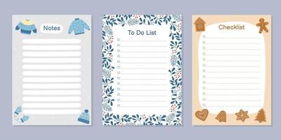 conjunto de tarjetas para hacer lista, lista de verificación y notas. plantilla con lindos elementos de invierno vector