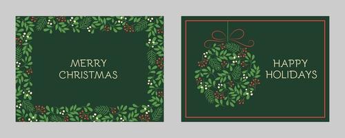 conjunto de tarjetas de felicitación navideñas con marcos florales y adornos navideños. patrones de ramitas de invierno en colores verdes vector