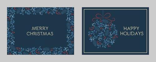 conjunto de tarjetas de felicitación navideñas con marcos florales y adornos navideños. patrones de ramitas de invierno en colores azules vector