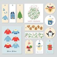 Set of holidays greeting cards and gift tags. Hand drawn cute winter elements and characters vector