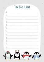 Template for To Do List with cute penguins. Hand drawn animals with accessories vector