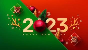 2023 New Year Promotion Poster or banner with gift box and christmas element for Retail,Shopping or Christmas Promotion.New year 2023 Symbol with red ball ornaments. Vector illustration eps 10
