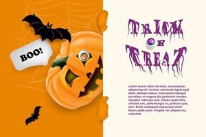 Halloween banner template with pumpkin, speech bubble and bats. Realistic pumpkin with scary smile on his face peeking out from behind a banner. Banner, poster, brochure, flyer. vector