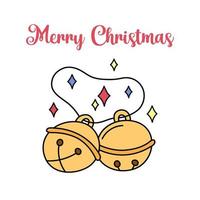 Cute Merry Christmas greeting card with jingle bells doodles. Square vector illustration of two bells on white background. Composition of Christmas symbol and vintage text