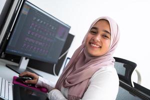 Female Arabic creative professional working at home office on desktop computer with dual screen monitor top view. Selectve focus photo