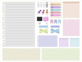 Paper sheet collection on different shapes. Paper notes with tape, clips, and pin. vector