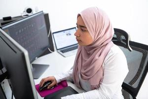 Female Arabic creative professional working at home office on desktop computer with dual screen monitor top view. Selectve focus photo