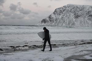 Arctic surfer going by beach after surfing photo