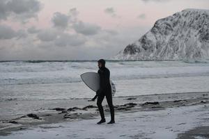 Arctic surfer going by beach after surfing photo