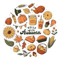 Hello Autumn lettering quote decorated with seasonal doodles, clipart. Good for cards, posters, prints, stickers, banners, invitations, etc. Thanksgiving, harvest theme. EPS 10 vector
