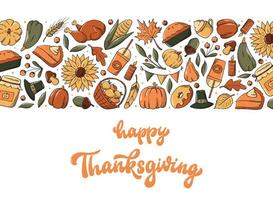 Thanksgiving horizontal banner with lettering quote and border of doodles. Good for cards, posters, templates, invitations, etc. EPS 10 vector