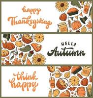 Set of three Thanksgiving horizontal banners decorated with doodles and lettering quotes on white background. Good for prints, templates, invitations, cards, etc. EPS 10 vector