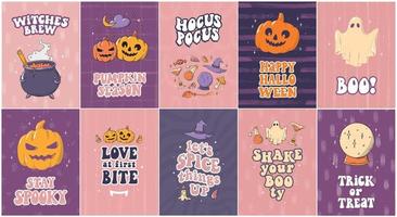 conjunto de 10 tarjetas de Halloween, afiches, estampados, papel tapiz decorado con garabatos dibujados a mano y citas geniales. eps 10 vector