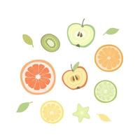 ilustración de frutas mitades y trozos de fruta naranja, limón, manzana, kiwi. frutas vectoriales para impresión, tarjetas, impresiones, menús, web. vector