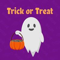 ghost with bucket asks for candy. Halloween card vector