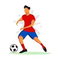 Soccer player in a red shirt and dribbling a ball. Vector illustration