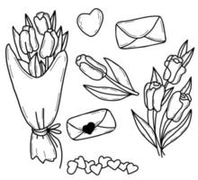 Spring set of flowers. Beautiful bouquet of tulips, heart and letter with an envelope. Vector illustration. Outline, isolated linear hand drawing for design and decor of valentines and greeting cards.