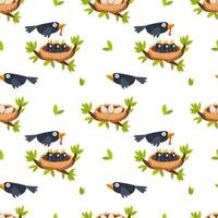 a bird feeds chicks in a nest, a nest with eggs on a branch. Seamless pattern, vector illustration