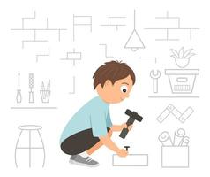 Vector working boy. Flat funny sitting kid character nailing up with a hammer on workshop background. Craft lesson illustration. Concept of a child learning how to work with tools