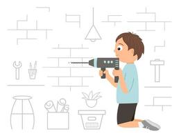 Vector working boy. Flat funny kid character drilling a brick wall with a drill on workshop background. Craft lesson illustration. Concept of a child learning how to work with tools