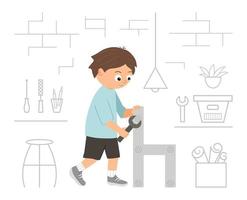 Vector working boy. Flat funny kid character screwing a screw in a wood chair with a screwdriver on workshop background. Craft lesson illustration. Concept of a child learning how to work with tools