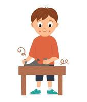 Vector working boy. Flat funny kid character working wood with plane. Craft lesson illustration. Concept of a child learning how to work with tools. Picture for workshop or masterclass advertisement