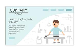 Flyer, card, banner or landing page template for building, repairing service company or craft masterclass website.  Vector flat illustration of a man taking measurements on workshop background