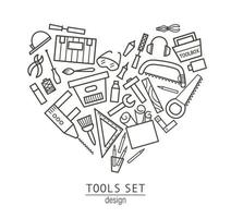 Vector tools icons set framed in heart shape. Flat linear black and white illustration with building, carpenter equipment for card, poster or flyer design. Woodwork, repair service