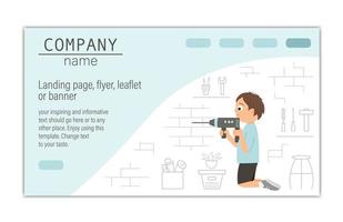 Flyer, card, banner or landing page template for building, repairing service company or craft masterclass website.  Vector flat illustration of a man drilling a brick wall on workshop background