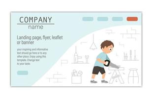 Flyer, card, banner or landing page template for building, repairing service company or craft masterclass website.  Vector flat illustration of a man sawing wood with a saw on workshop background