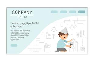 Flyer, card, banner or landing page template for building, repairing service company or craft masterclass website.  Vector flat illustration of a man painting a nestling box on workshop background