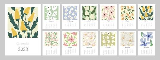 plantilla de calendario floral para 2023. diseño vertical con flores y hojas de colores brillantes. plantilla de página de ilustración editable a4, a3, conjunto de 12 meses con portada. malla vectorial la semana comienza el lunes. vector