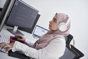 Arabic creative professional  working at home office on desktop computer photo