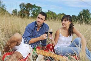 pareja feliz disfrutando de un picnic en el campo en hierba larga foto